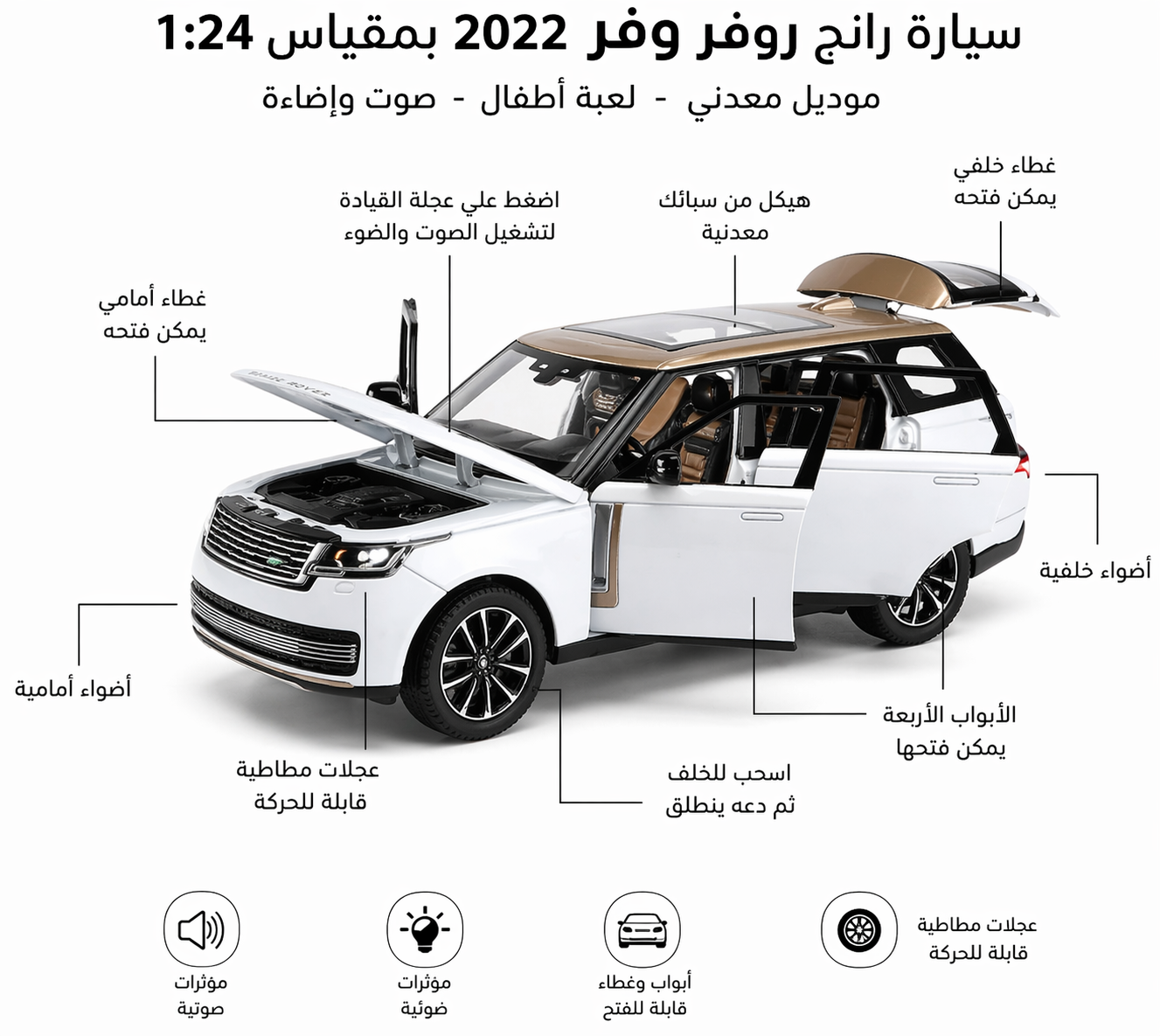 رانج روفر Range Rover معدنية ديكاست 1:24 للأطفال – لعبة بصوت وإضاءة ومجسم عرض واقعي من سينسوريا - الصورة 3