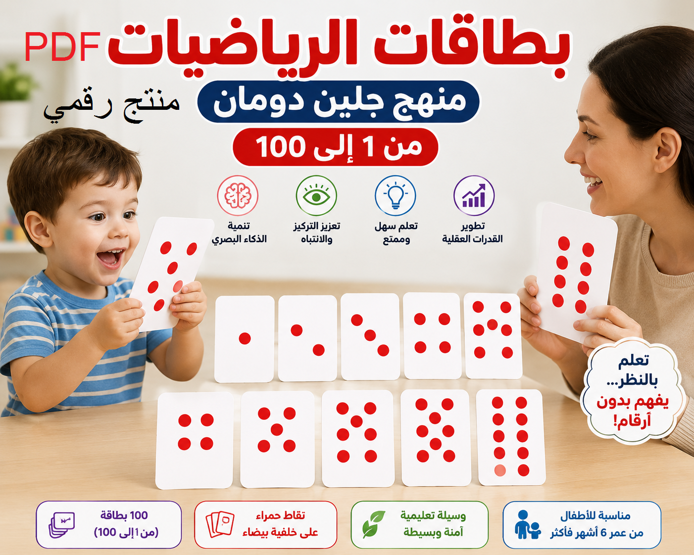 مجموعة بطاقات تعليمية مستوحاة من منهج جلين دومان، تحتوي على الأرقام من 1 إلى 100 باستخدام النقاط الحمراء البصرية