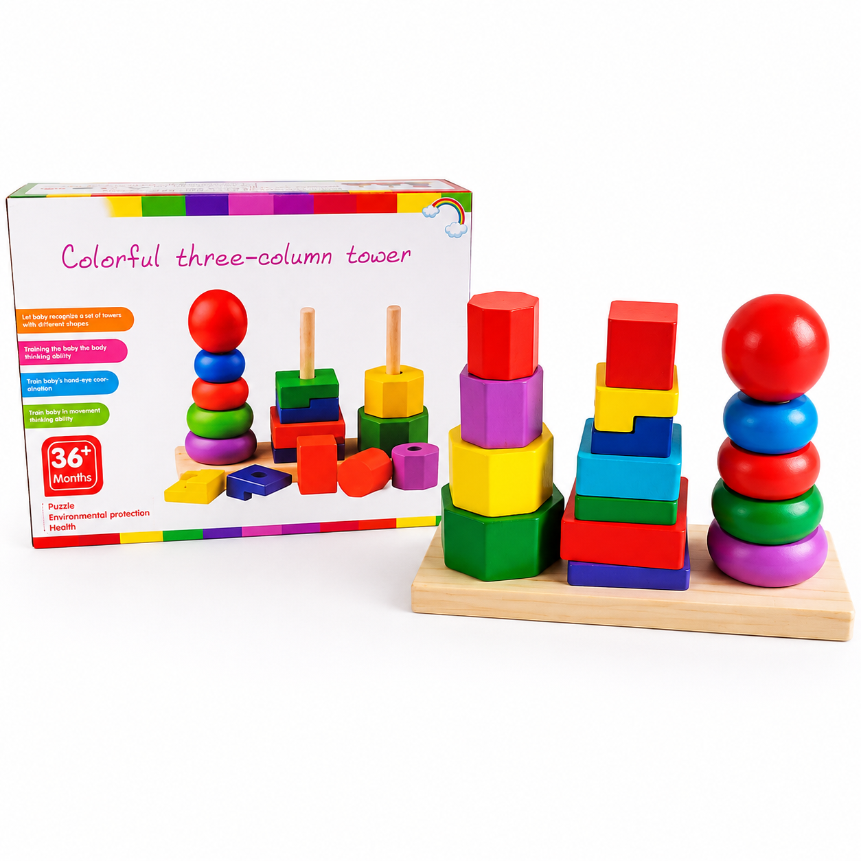 سينسوريا - برج قوس قزح الهندسي الخشبي3x1 (Tri-Column Shape Building Blocks)